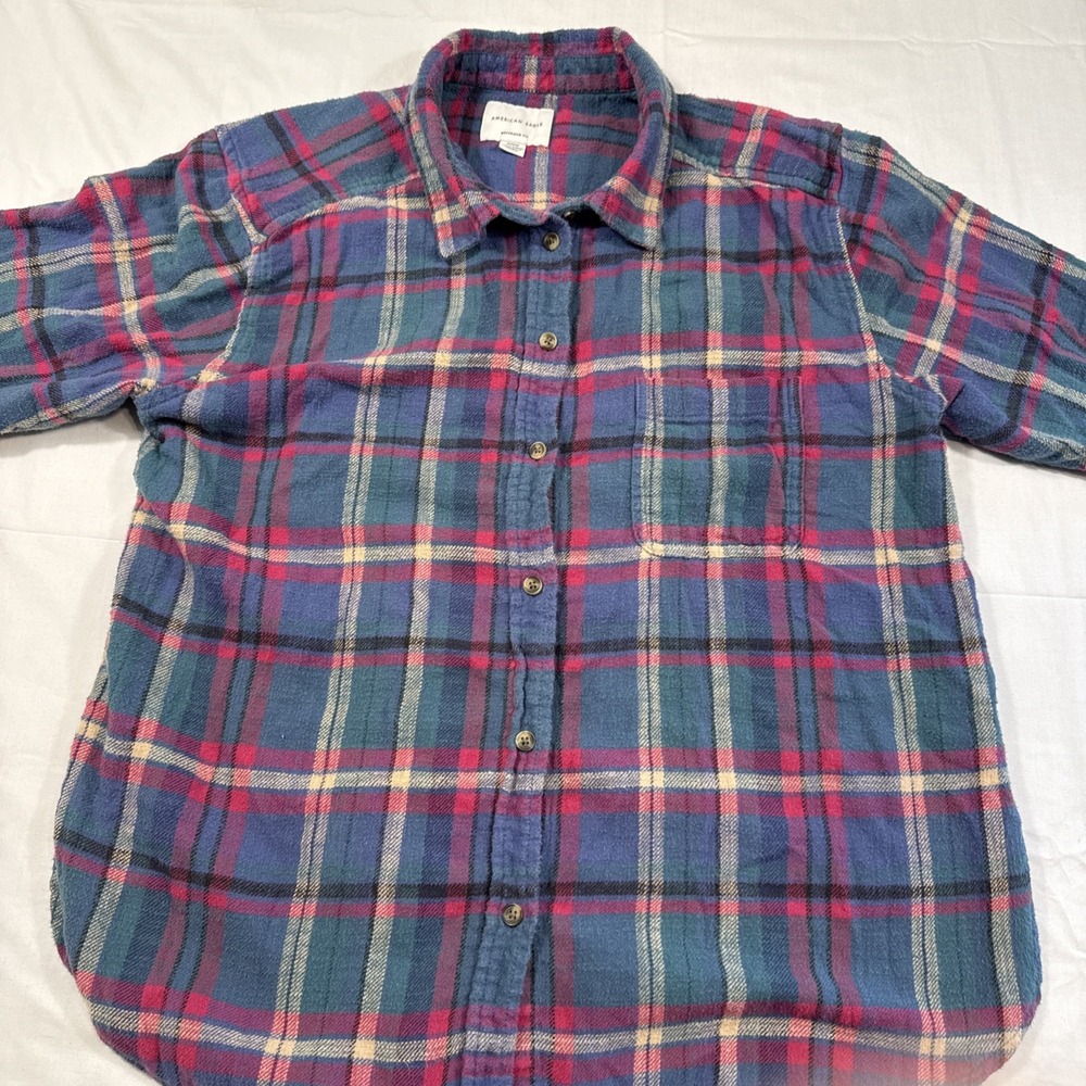 FLANNEL SHIRT American Eagle Boyfriend PINK Plaid Women Medium Boho CABINCORE